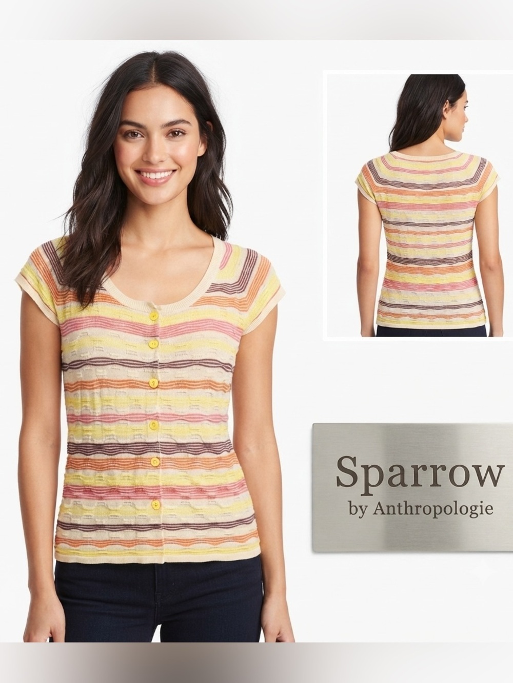 Anthropologie Sparrow Pointelle Knit 3 Button Strip Cap Sleeve Cardigan X Small